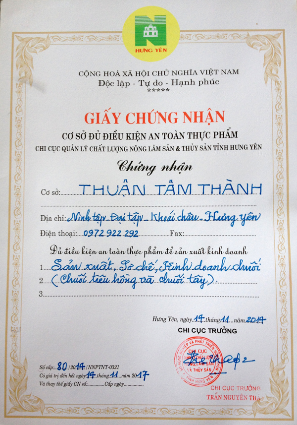 Chứng nhận An toàn Thực phẩm - Công Ty TNHH Thuận Tâm Thành